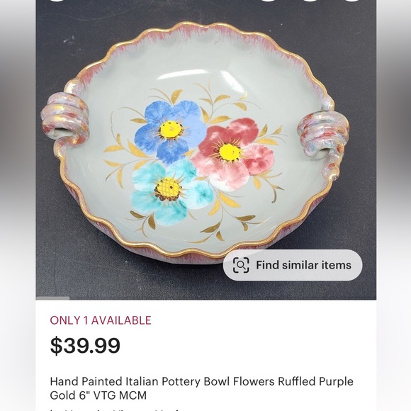 VINTAGE CERAMIC POTTERY BOWL w/HAND-PAINTED FLOWERS-SIGNATURE FROM ITALY - Picture 9 of 12